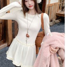 批发人棉磨毛韩系甜美花边下摆长袖<b class='q'>T</b><b class='q'>恤</b>女秋冬氛围感叠穿内搭中长上衣