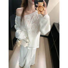 批发实拍 可斜肩纯欲镂空宽松百搭毛衣+抽绳鱼尾双层纱高腰半身裙