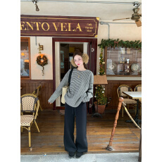 批发实拍 条纹粗针宽松慵懒加厚针织上衣