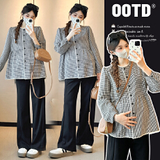 批发实拍新款2025孕妇秋装套装甜美宽松长袖娃娃衫格子减龄百搭上衣