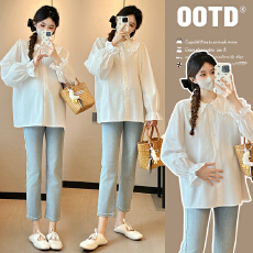 批发实拍秋装新款2025孕妇时尚宽松长袖娃娃衫纯色减龄衬衫百搭上衣