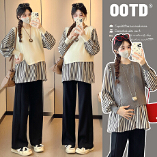 批发实拍新款2025孕妇装秋装宽松上衣拼接设计感假两件衬衫百搭娃娃衫