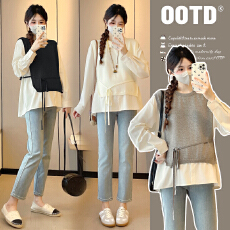 批发实拍新款2025孕妇装秋装上衣拼接设计感气质假两件衬衫百搭娃娃衫