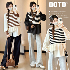 批发实拍新款2025孕妇装秋装条纹上衣拼接设计感假两件衬衫百搭娃娃衫