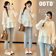 批发实拍新款2025孕妇装秋装拼接设计感假两件衬衫百搭显瘦上衣娃娃衫