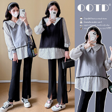 批发实拍新款2025孕妇装套装长袖秋装拼接假两件衬衫百搭娃娃衫两件套