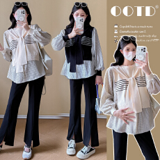 批发实拍新款2025孕妇装秋装宽松上衣拼接假两件披肩衬衫娃娃衫套装