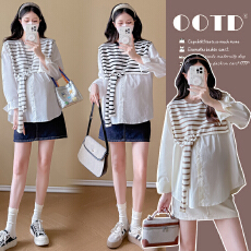 批发实拍2025秋装孕妇潮妈气质上衣条纹假两件衬衫宽松遮肚显瘦