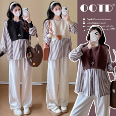 批发实拍2025秋装孕妇潮妈气质上衣条纹假两件衬衫宽松遮肚显瘦上衣