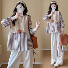 批发实拍2026<b class='q'>春</b>装孕妇潮妈气质上衣条纹假两件衬衫宽松遮肚显瘦上衣