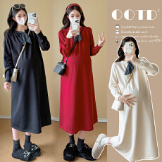 批发实拍孕妇装2026<b class='q'>春</b>装新款宽松显瘦减龄气质丝巾中长款针织连衣裙