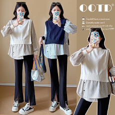 批发实拍新款2025孕妇装秋装宽松显瘦上衣拼接假两件衬衫娃娃衫套装