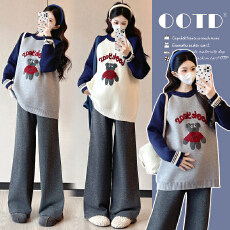 批发实拍孕妇装圆领卡通毛衣秋冬新款慵懒风休闲宽松显瘦<b class='q'>百搭</b>套头上衣