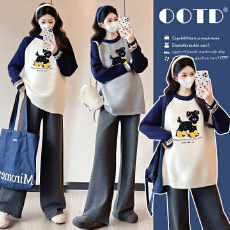 批发实拍孕妇装圆领撞色卡通小狗毛衣秋冬新款慵懒风显瘦<b class='q'>百搭</b>套头上衣