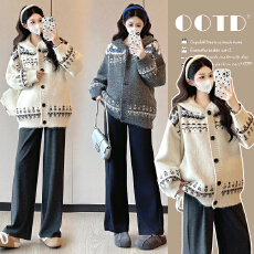 批发实拍2025新款孕妇装韩系条纹连帽开衫毛衣秋冬款<b class='q'>百搭</b>显瘦减龄上衣