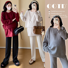 批发实拍孕妇装圆领两件套毛衣秋冬新款慵懒风休闲宽松显瘦套头上衣