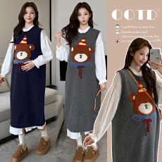 批发实拍孕妇装气质小熊毛衣马甲连衣裙<b class='q'>秋</b>冬时尚白色中长款衬衫裙套装