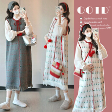 批发实拍孕妇装气质小花流苏毛衣马甲连衣裙秋冬白色中长款衬衫裙套装