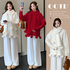 实拍孕妇装圆领毛衣秋冬新款慵懒风宽松显瘦圣诞球球围巾套头上衣