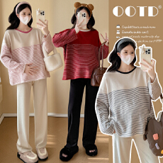 批发实拍孕妇装条纹毛衣秋冬新款慵懒风休闲宽松显瘦上衣+阔腿裤套装