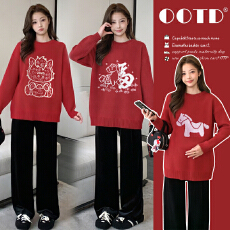 实拍~孕妇新款秋冬季网红时尚宽松显瘦提花红色上衣圣诞跨年毛衣