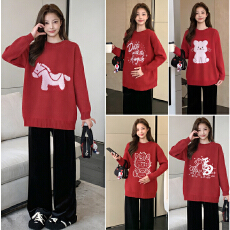 实拍~孕妇新款秋冬季网红时尚宽松显瘦提花红色上衣圣诞跨年毛衣