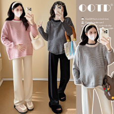 实拍孕妇装条纹毛衣秋冬新款慵懒风休闲宽松显瘦上衣+阔腿裤套装