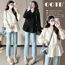 实拍新款2026孕妇春装甜美显瘦宽松长袖娃娃衫减龄百搭上衣潮妈