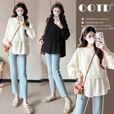 实拍新款2026孕妇春装甜美宽松显瘦长袖娃娃衫百搭减龄假两件上衣