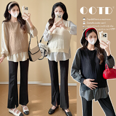 批发实拍新款2026孕妇春装假两件甜美显瘦宽松长袖减龄上衣<b class='q'>百搭</b>两件套