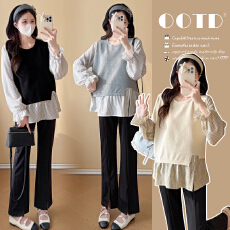 批发实拍新款2026孕妇春装假两件时尚显瘦宽松长袖减龄上衣<b class='q'>百搭</b>两件套