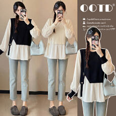 批发实拍新款2026孕妇装时尚百搭上衣拼接设计感开叉假两件衬衫娃娃衫