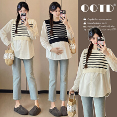 批发实拍新款<b class='q'>春</b>装2026孕妇装时尚上衣条纹拼接设计感假两件衬衫娃娃衫