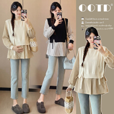 批发实拍新款2026孕妇<b class='q'>春</b>装甜美宽松显瘦长袖娃娃衫百搭减龄假两件上衣