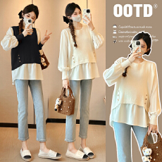 批发实拍新款2026孕妇装秋装拼接设计感假两件衬衫百搭显瘦上衣娃娃衫