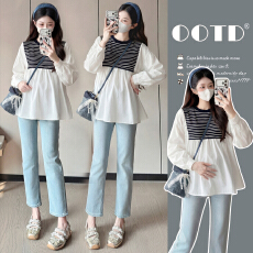 实拍春装新款2026孕妇装时尚上衣拼接设计感假两件衬衫百搭娃娃衫