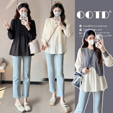 批发实拍新款2026孕妇<b class='q'>春</b>装甜美宽松显瘦长袖娃娃衫百搭减龄假两件上衣