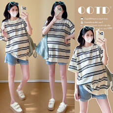 批发实拍2026孕妇装圆领条纹针织新款慵懒风休闲宽松显瘦百搭套头上衣