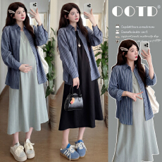 批发实拍2026孕妇装春季新品韩版时尚宽松显瘦背心裙+条纹衬衫两件套