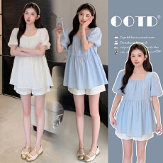 批发实拍夏季孕妇装甜美减龄泡泡袖美娃娃衫方领宽松孕妇两件套套装