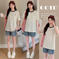 批发实拍2026孕妇装夏装新款圆领条纹慵懒风休闲百搭上衣+牛仔短裤
