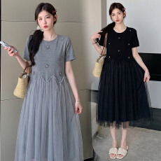 批发实拍2026夏装新款孕妇装韩版宽松显廋圆领孕妇<b class='q'>中长款</b>针织连衣裙