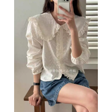 批发现货 刺绣钩花大翻领甜美衬衫2025秋春新款