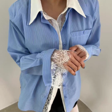 批发现  设计感蕾丝拼接竖条纹衬衫25早秋装新款女