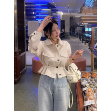 批发韩国复古翻领PU皮短款外套收腰皮夹克上衣