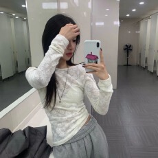 批发两面穿圆领显瘦雪花<b class='q'>蕾丝</b>纹理感 长袖内搭打底