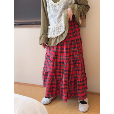 批发2026早秋  松紧腰圣诞红色格子大裙摆a字半身裙
