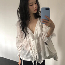 批发韩国2026春温柔棉质舒适荷叶边镂空格纹宽松长袖衬衫