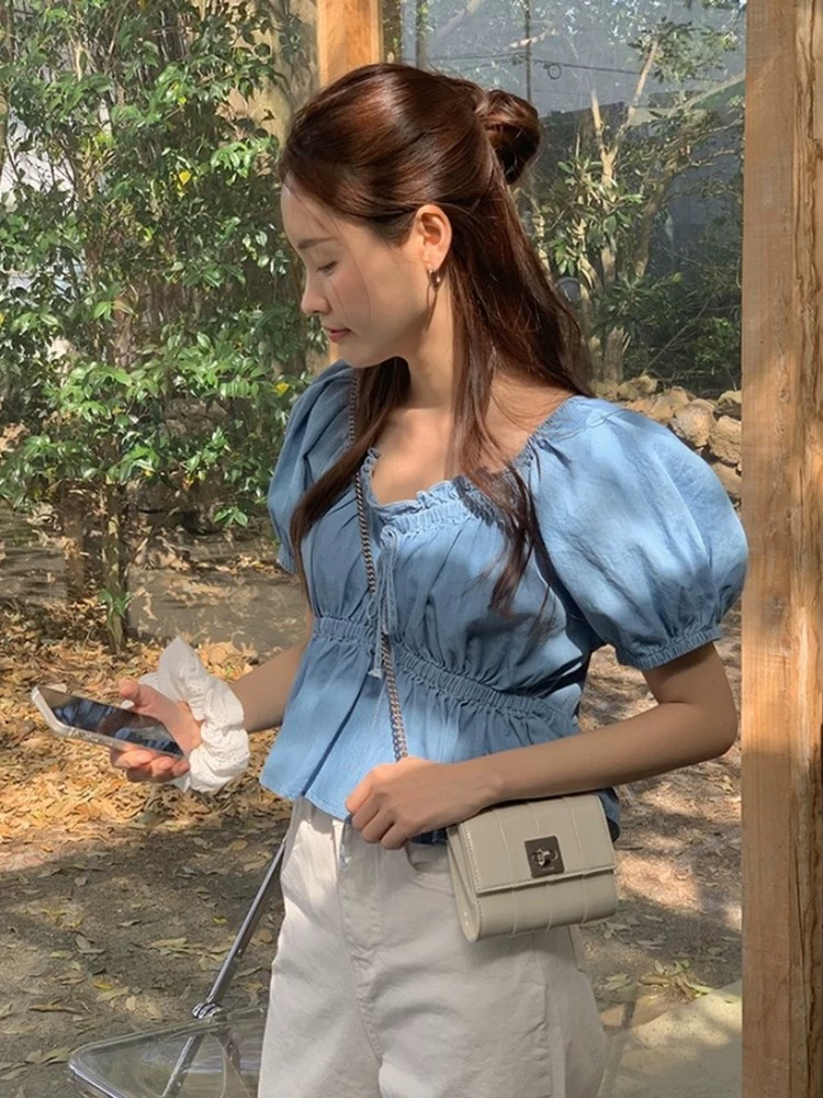 한국 ins 바람 주름 허리 수축 데님 셔츠 26 봄 여름 새로운 여성