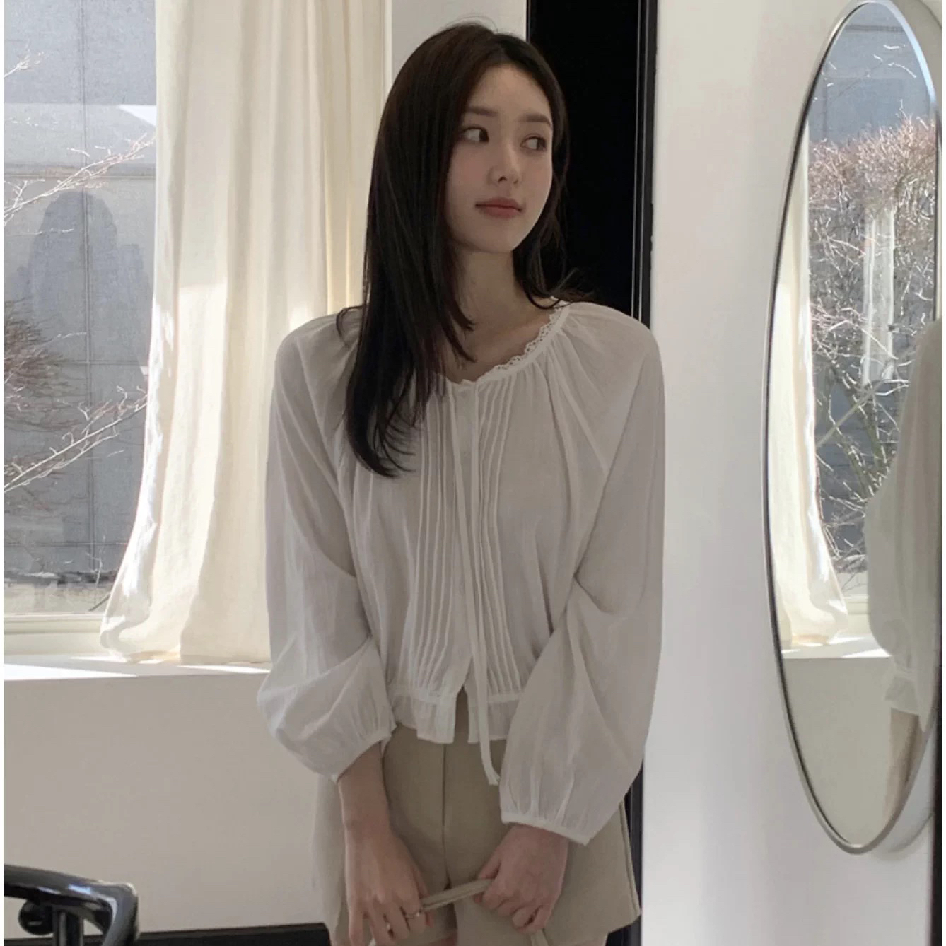 한국 봄 여름 한 부서 소녀 레이스 나비 넥타이 Pleat 긴팔 셔츠